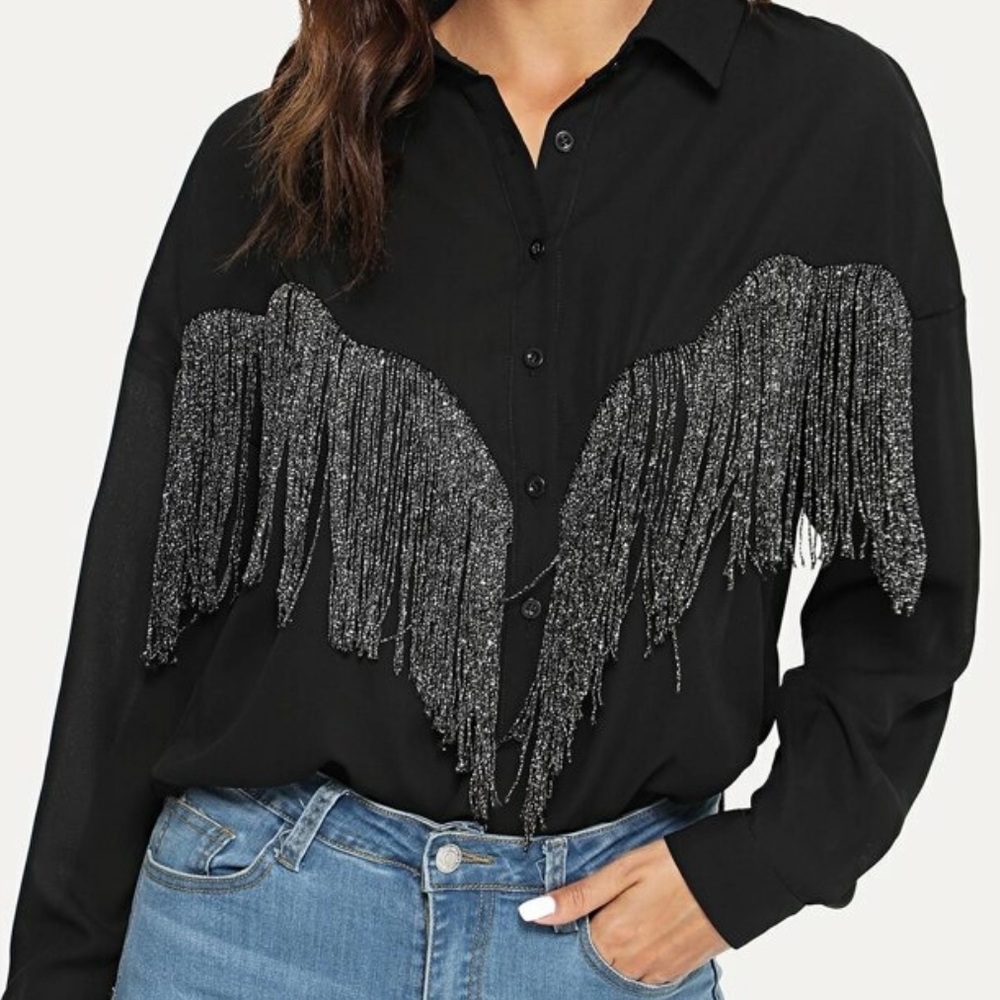 Fringe button up black long sleeve